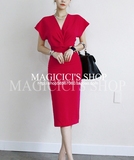 韩国代购2015春款4.9优雅红色女王气质V领蝙蝠袖修身连衣裙