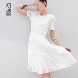 初语女装裙子夏季短袖白色宽松连衣裙 收腰小香风显瘦中长裙A字裙