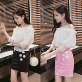 潮流女装2016夏季新款韩版性感一字领露肩雪纺上衣包臀两件套装裙