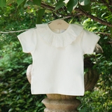 外单女宝宝荷叶边蕾丝公主短袖t恤1-4岁女童半袖白色翻领打底衫棉