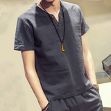 男士短袖衬衫韩版宽松青年纯色亚麻衬衣夏季半袖日系棉麻大码上衣