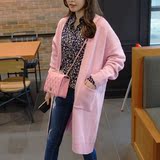 2015新款韩国代购粉色优雅气质百搭口袋长款针织毛衣开衫外套女装
