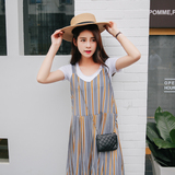 夏季韩版吊带雪纺连衣裙+纯色T恤中长款宽松显瘦条纹背心裙两件套