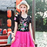 民族风女装2016夏装新款中国风复古刺绣花漏肩短袖T恤短款女上衣