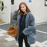 韩国代购2016JAN新春季女装大码超宽松毛绒纯色拼接圆领外套特