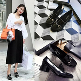 2016韩版早春新品链条黑色高跟粗跟单鞋漆皮方头浅口韩版时尚女鞋