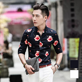 拉恩席克 韩版夏季潮流男装七分袖衬衫休闲印花修身青年半袖衬衣
