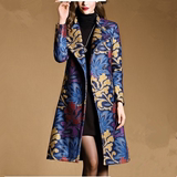 2015冬季新款韩版复古修身时尚女装气质名媛通情印花中长毛呢外套