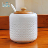 SoNo大号陶瓷调料盒 防摔竹盖盐罐 单个白色欧式创意调味盒调味罐