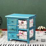zakka桌面收纳盒抽屉柜子蓝色小储物盒木质复古首饰办公桌木盒子