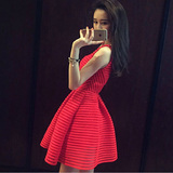 韩国A字裙春夏装新款女装明星同款无袖蓬蓬裙中裙红色连衣裙夏季