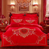 婚庆四件套大红刺绣结婚床上用品1.8m2.0纯棉2.2x2.4双人被套床单