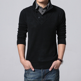 韩版男装 男士毛衣秋季假两件衬衫领套头针织衫青年毛线衣服 毛衫