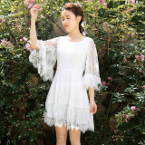 尤麦2016夏装甜美公主白色镂空蕾丝裙七分袖修身连衣裙女Y31521