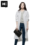 H:CONNECT韩版时尚女式中长款竖条纹休闲衬衫连衣裙2016春夏新款