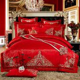 罗莱新婚庆四件套大红色纯棉刺绣结婚床品1.8m2.0m喜庆六八十件套