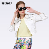 EXUN女装2016春季新款欧美时尚镶钻钉珠修身显瘦短款上衣牛仔外套