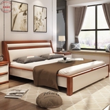 美式全实木床头层真皮床 纯实木婚床1.8米双人欧式床北欧风格床