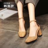 2016韩版夏季新款绑腿一字带粗跟高跟鞋棕色真皮一字扣包头女凉鞋