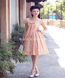 Vintage 原创设计50s优雅复古橘粉色蝴蝶结泡泡袖蓬蓬连衣裙