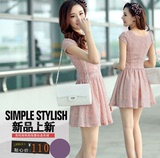 夏季热卖2016新款韩版圆领蕾丝粉色连衣裙短袖时尚显瘦短款裙子女