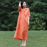梭娘原创设计2016夏季短袖棉麻连衣裙橙色宽松文艺长裙子女装袍子