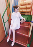 韩国进口白色长袖褶皱甜美清新棉麻蕾丝宽松娃娃款公主淑女连衣裙