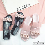 韩国夏季甜美粉色花朵平底凉鞋沙滩鞋 露趾果冻凉鞋塑胶凉拖鞋女