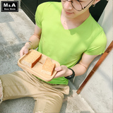 夏季莫代尔男士短袖t恤 V领纯色打底衫修身青年半袖冰丝上衣男装