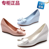 卓诗尼2016春季新款单鞋韩版蝴蝶结高跟坡跟休闲女鞋粉色蓝色白色