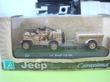 原厂切诺基jeep吉普车沙漠版CJ-2A拖斗车1：43合金汽车模型带兵人