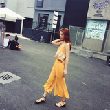 六度2016夏装韩版新款时尚舒适蕾丝吊带上衣+压皱七分喇叭裤套装