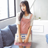 2016夏季新款韩版女装短裙 A字裙纯色棉拼接通勤灯芯绒高腰背带裙
