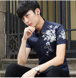 卡宾夏季男士短袖衬衫免烫纯棉修身韩版青年印花休闲时尚半袖衬衣