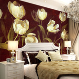 玉兰大型壁画 欧式白色郁金香油画 背景墙电视墙沙发墙床头墙壁纸