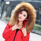 2015冬装韩版加厚大口袋羽绒服女修身中长款貉子毛大毛领连帽外套