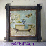 美式复古做旧木框麻布装饰画浴缸图浴室挂画个性创意仿艺术古画