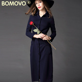 Bomovo2016秋季新款欧美纯色职业修身长袖连衣裙OL气质中长裙女装