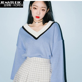 韩国官网正品代购女装2016春装新款韩版配色设计V领针织衫Mixxmix