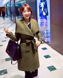 韩国代购2015冬收腰夹棉毛呢外套女中长款修身加厚大翻领呢子大衣