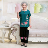 老年人夏装女60-70岁短袖棉麻套装奶奶T恤绣花阔腿裤民族风两件套