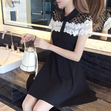 依雪坊韩国小黑裙子新款2016夏季短袖修身明星同款性感蕾丝连衣裙