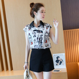 2016夏季韩版女装名媛印花时尚套装短袖衬衫修身显瘦短裤两件套潮