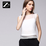 ZK2016春季雪纺衫女装短款露背镂空蕾丝衫两件套网纱蕾丝打底衫潮