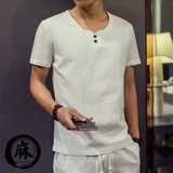 中国风男装亚麻短袖衬衫男士修身薄款棉麻半袖衬衣夏季青年麻布潮