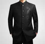 黑色中山装套装中华立领西装青中年男士休闲大码西服中国风龙