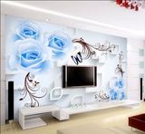 电视背景墙无缝大型壁画3d无纺布壁纸欧式环保立体墙布温馨蓝玫瑰