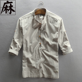 夏季男士休闲亚麻衬衣套头七分袖立领中国风复古男棉麻布宽松衬衫