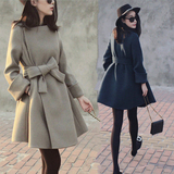 2015冬季新款 韩国女装系带高腰呢外套 气质名媛显瘦毛呢大衣