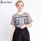 jessy line2016夏装新款 杰茜莱条纹显瘦印花拼接短袖衬衫 女衬衣